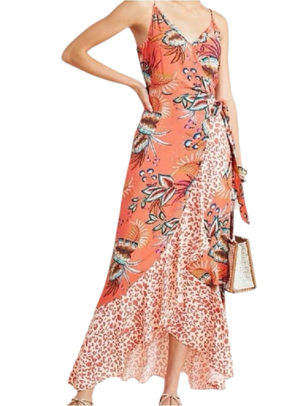 Farm Rio Anthropologie Musette Coral Floral Wrap dress Misses size L